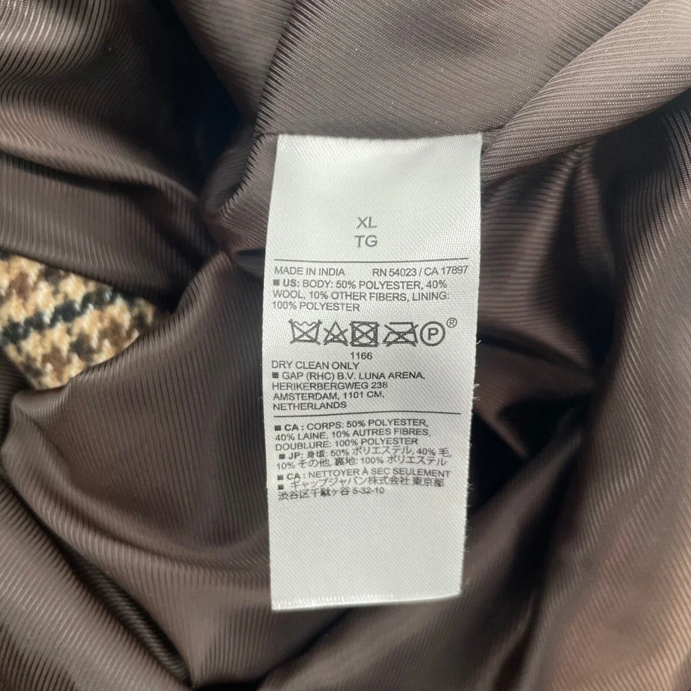 Banana Republic Car Coat Mens XL Brown Houndstooth Epaulet Wool Blend Jacket